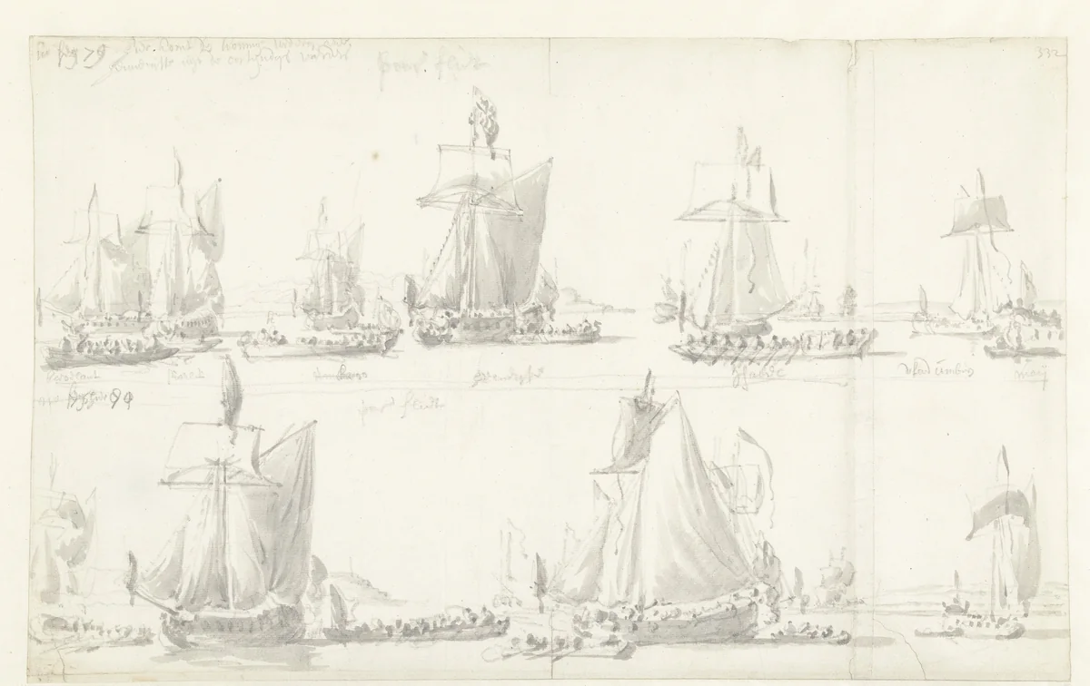 Bezoek van de Engelse koning Karel II aan twee Oost-Indiëvaarders tijdens zijn tocht op 27 Augustus 1681 by Willem van de Velde, drawing, 1681