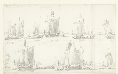 Bezoek van de Engelse koning Karel II aan twee Oost-Indiëvaarders tijdens zijn tocht op 27 Augustus 1681 by Willem van de Velde, drawing, 1681
