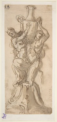 Design for a Statue consisting of a Satyr and Satyress Lifting a Vase by Giovanni Battista Foggini, drawing, 1652-1725