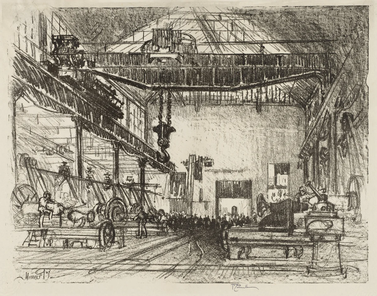 English War Work: Planing Big Shells by Joseph Pennell, print, 1916