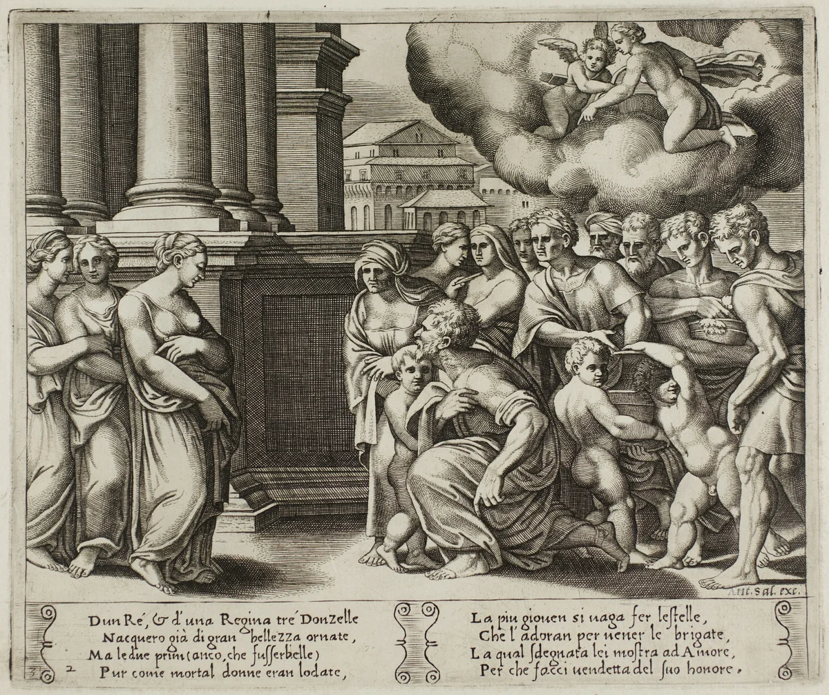 The People Rendering Divine Honors to Psyche by Raffaello Sanzio, print, 1530-1540
