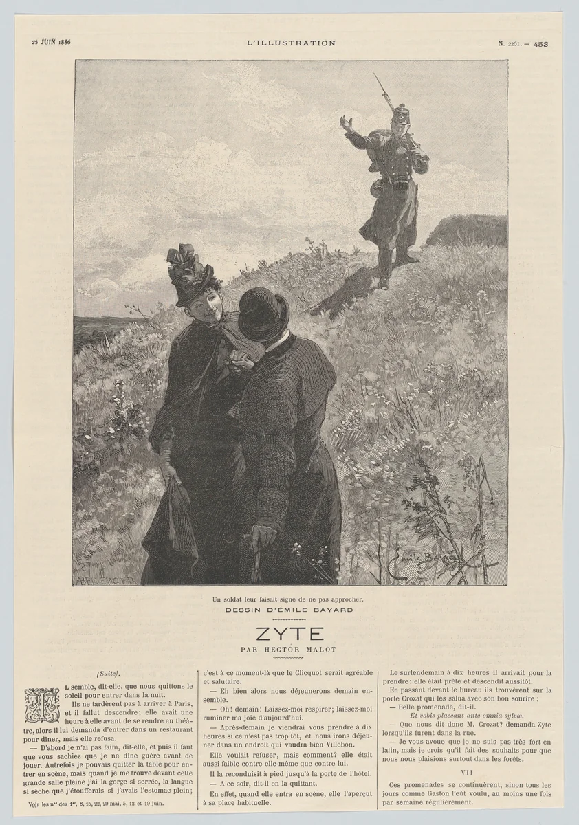 A soldier was signaling to them to stay away, from "L'Illustration" by Emile Bayard, print, 1886