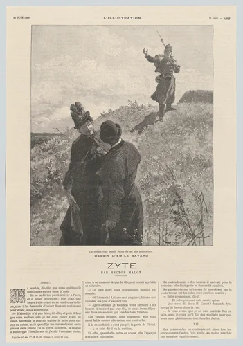 A soldier was signaling to them to stay away, from "L'Illustration" by Emile Bayard, print, 1886