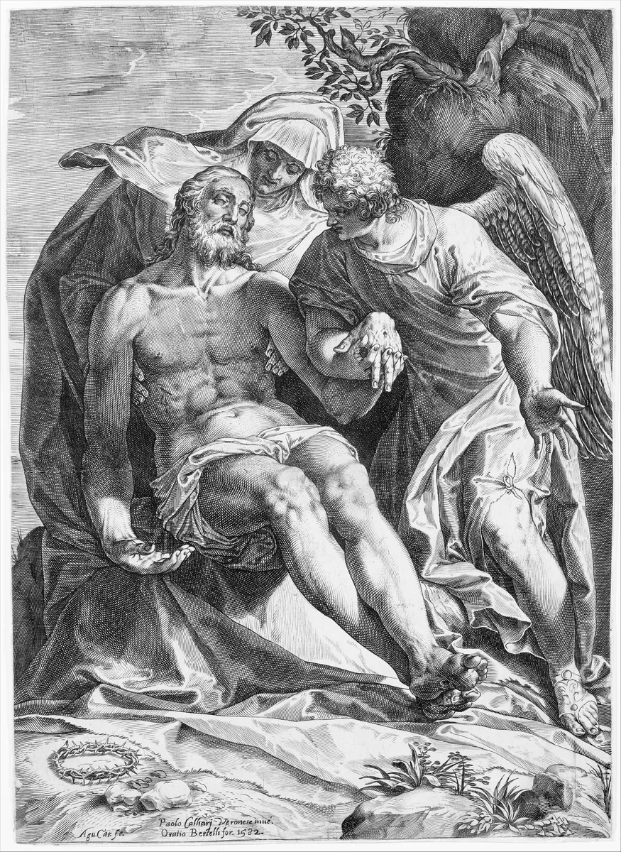 Pietà: Christ supported by the Virgin and an angel at the right by Agostino Carracci, print, 1582