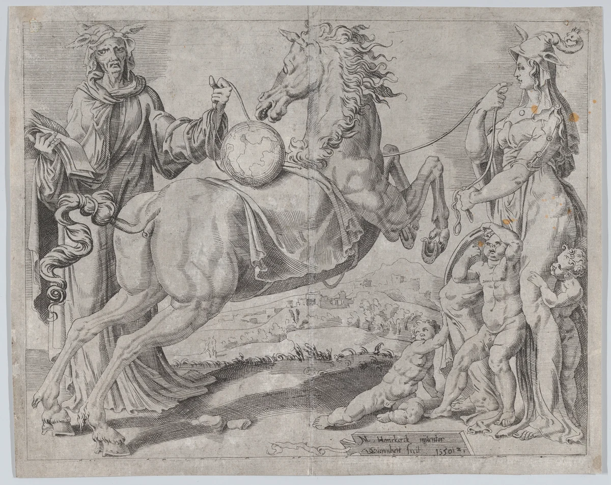 Foolish Knowledge and Foolish Love Trying to Restrain the World, from The Unrestrained World, plate 2 by Dirck Volckertsz. Coornhert, print, 1550