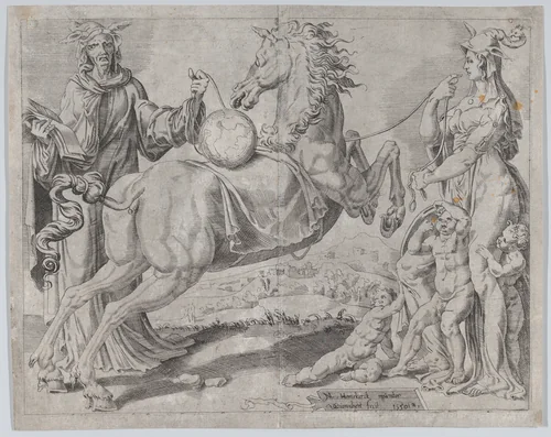 Foolish Knowledge and Foolish Love Trying to Restrain the World, from The Unrestrained World, plate 2 by Dirck Volckertsz. Coornhert, print, 1550