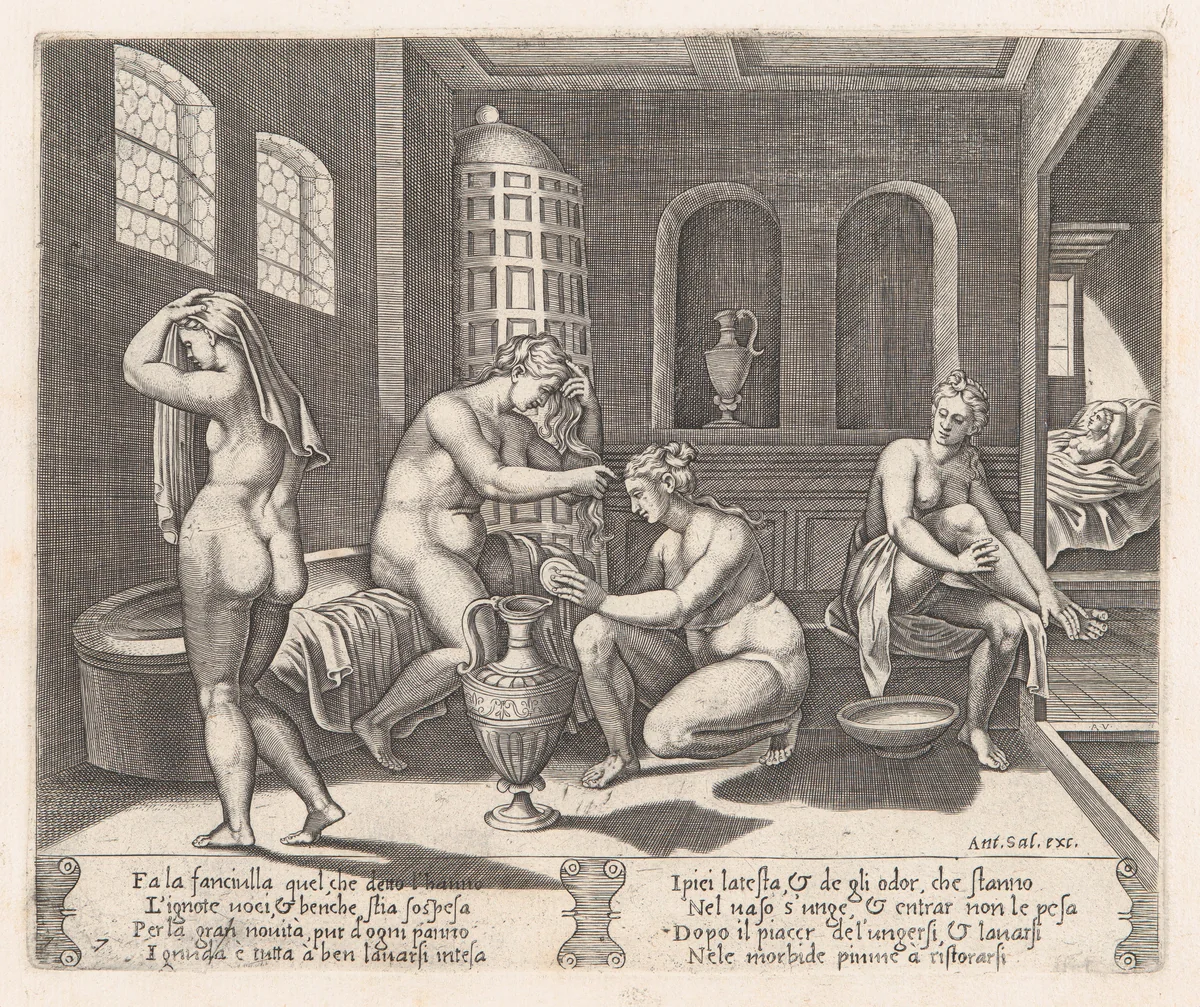 Plate 7: Psyche attended in her bath, from "The Story of Cupid and Psyche as told by Apuleius" by Agostino Veneziano, print, 1530-1560