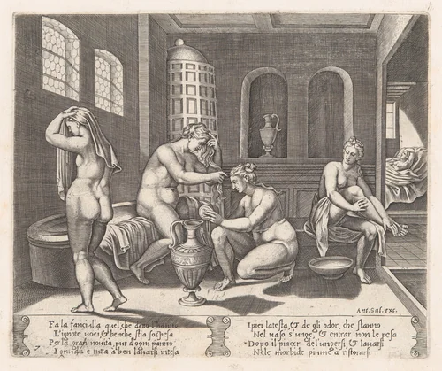 Plate 7: Psyche attended in her bath, from "The Story of Cupid and Psyche as told by Apuleius" by Agostino Veneziano, print, 1530-1560