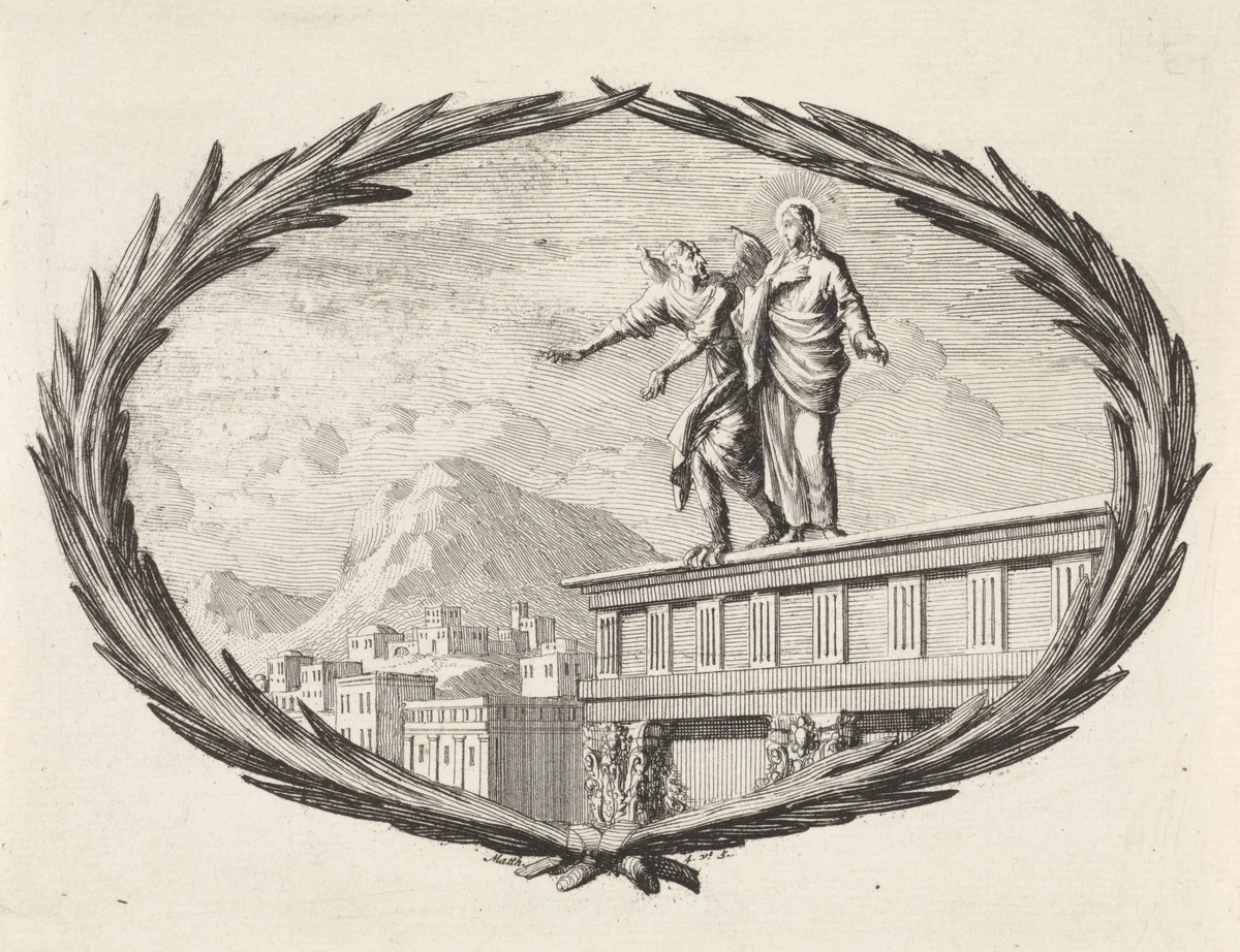 Verzoeking van Christus door de duivel op de tempel by Jan Luyken, print, 1700
