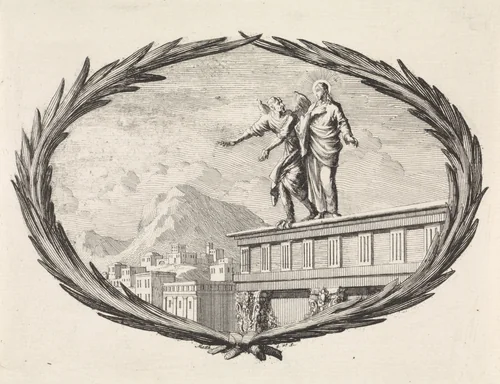 Verzoeking van Christus door de duivel op de tempel by Jan Luyken, print, 1700
