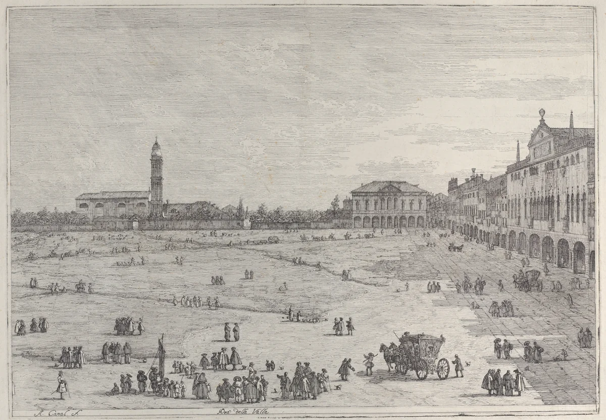 Prà della Valle: the right half of the square of Prà della Valle in Padua, with the Colleggio Universitario at right by Canaletto, print, 1735-1746