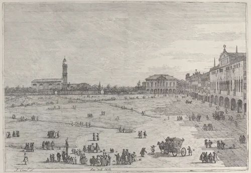 Prà della Valle: the right half of the square of Prà della Valle in Padua, with the Colleggio Universitario at right by Canaletto, print, 1735-1746