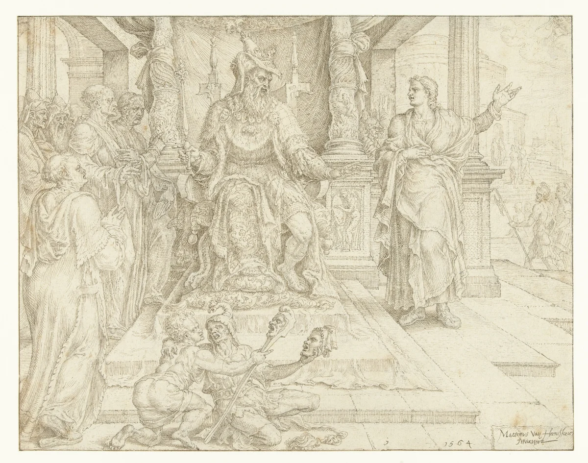 Daniël vertelt Cyrus dat hij alleen de levende God en geen door mensen gemaakte afgodsbeelden kan aanbidden by Maarten van Heemskerck, drawing, 1564