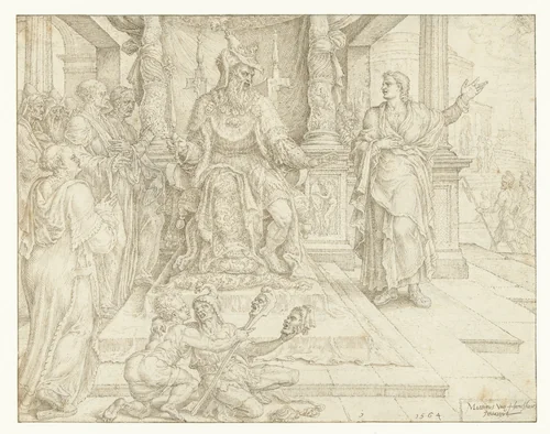 Daniël vertelt Cyrus dat hij alleen de levende God en geen door mensen gemaakte afgodsbeelden kan aanbidden by Maarten van Heemskerck, drawing, 1564