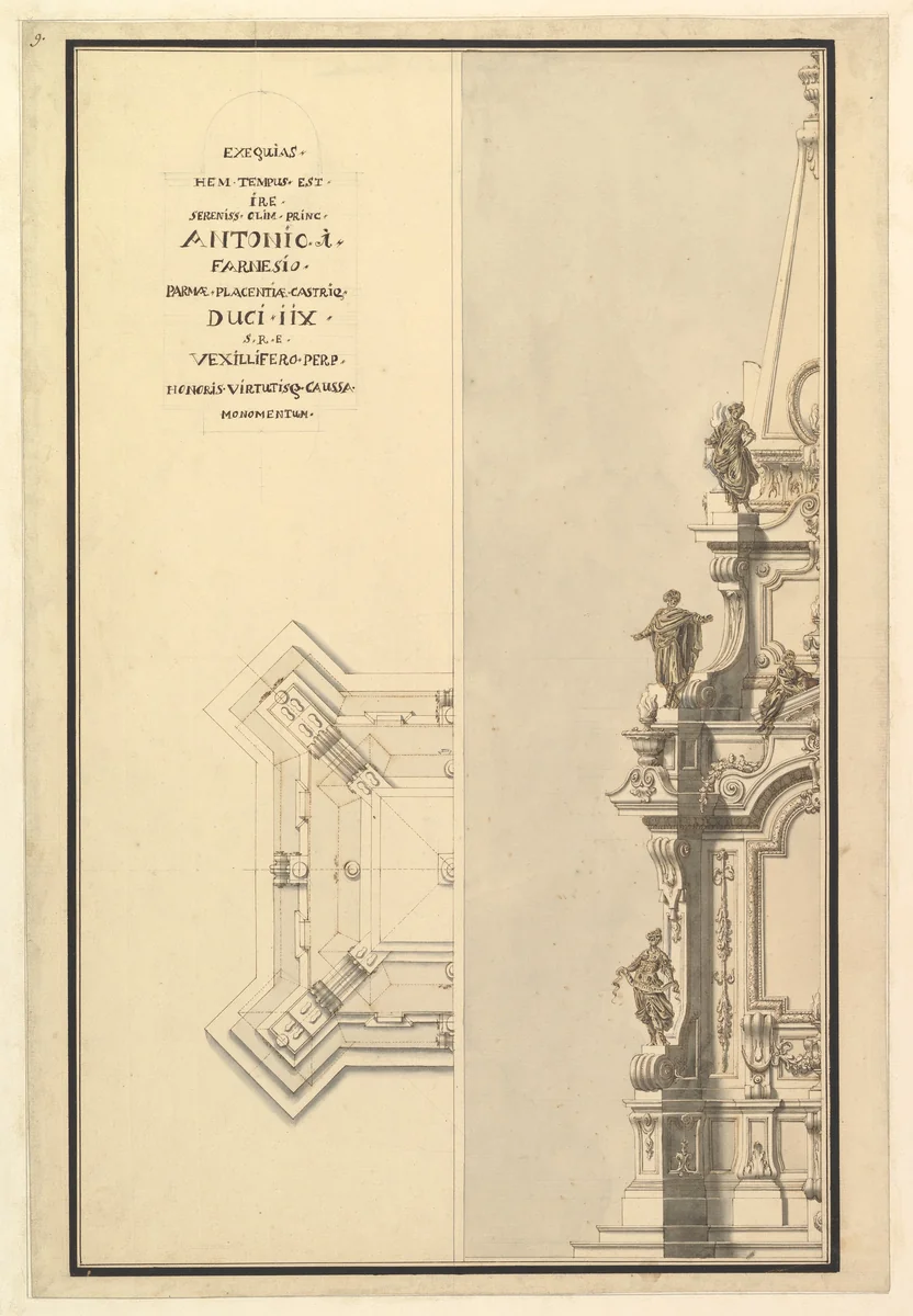 Half Elevation and Half Ground Plan for Catafalque for Antonio Farnese, Duke of Parma (d. 1731) by Giuseppe Galli Bibiena, drawing, 1726-1736