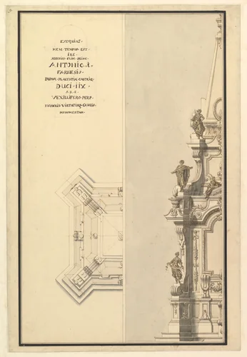 Half Elevation and Half Ground Plan for Catafalque for Antonio Farnese, Duke of Parma (d. 1731) by Giuseppe Galli Bibiena, drawing, 1726-1736