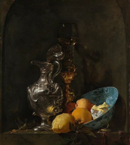 Still Life with a Silver Jug and a Porcelain Bowl by Willem Kalf, painting, 1655-1660