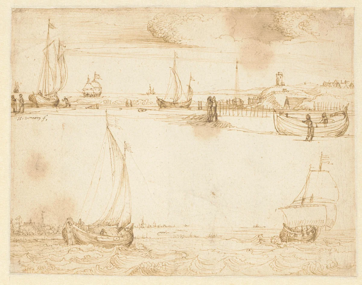 Zeegezicht met duinen en rechts een vuurtoren; zeegezicht met schepen op de Zuiderzee by Hendrick Cornelisz Vroom, drawing, 1576-1640