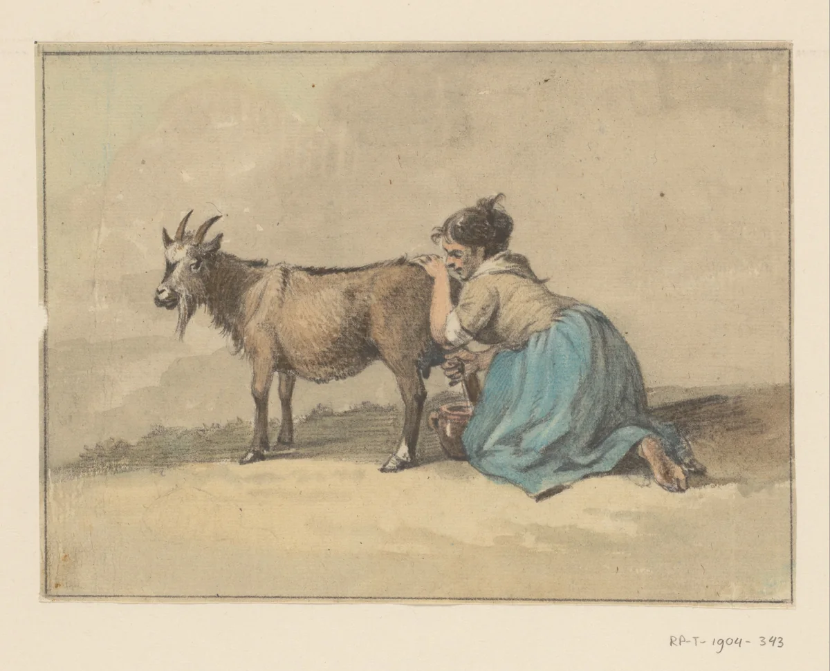 Vrouw die een geit melkt by Jean Bernard, drawing, 1775-1833