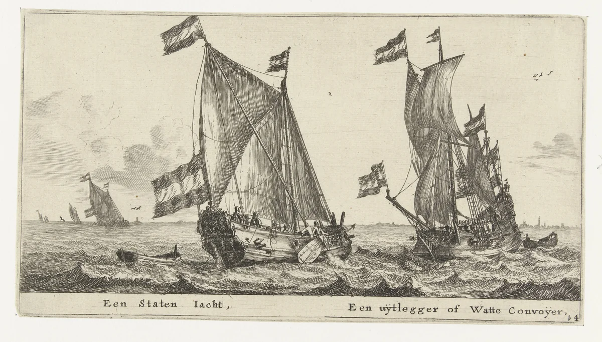 Twee schepen: een statenjacht en een uitlegger by Reinier Nooms, print, 1652-1654