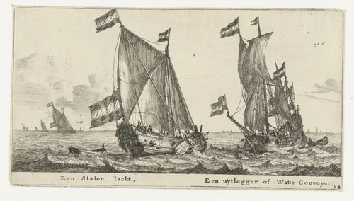 Twee schepen: een statenjacht en een uitlegger by Reinier Nooms, print, 1652-1654