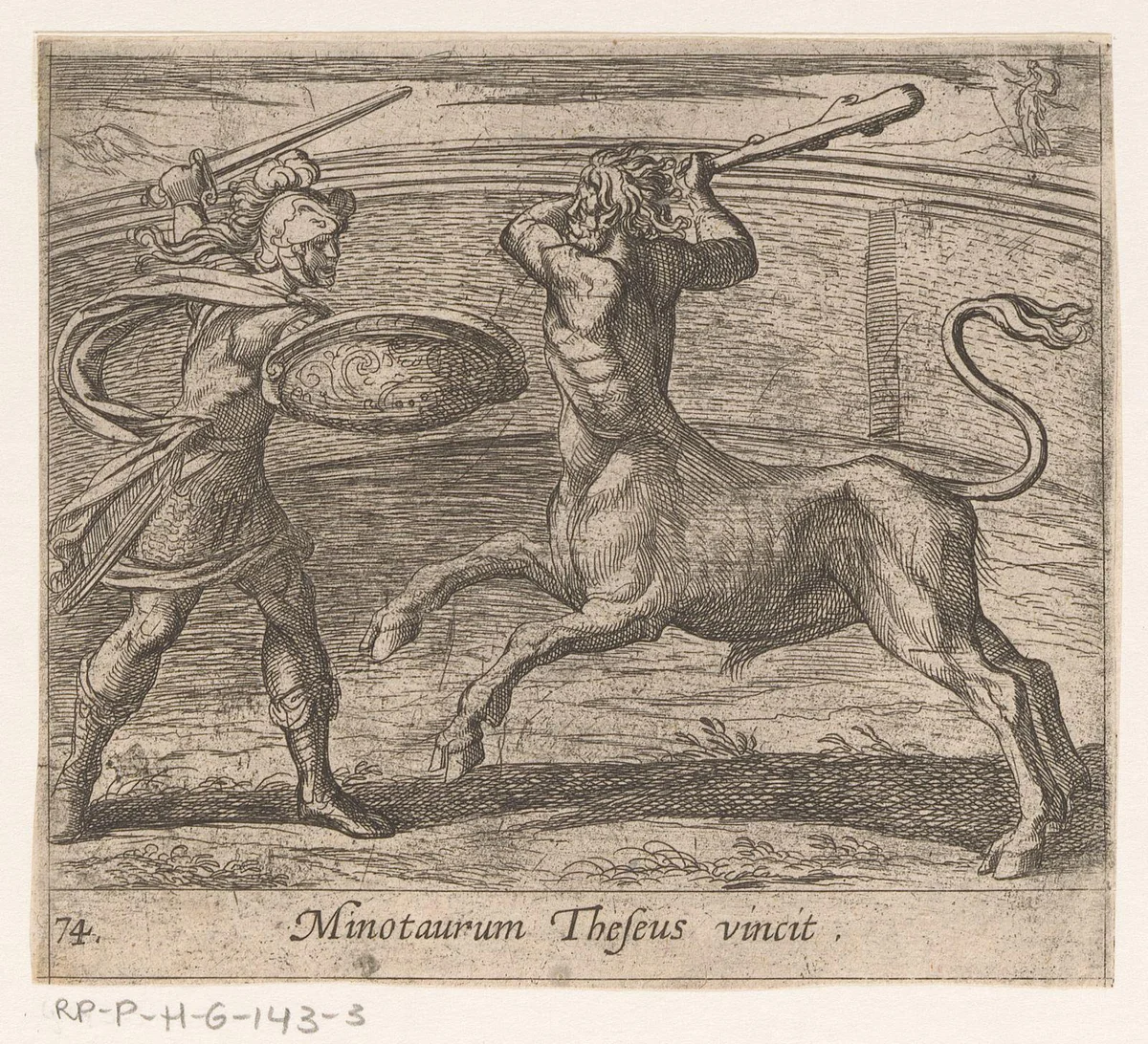 Theseus en de Minotaurus by Antonio Tempesta, print, 1606-1638