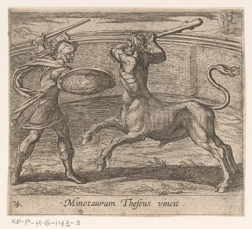 Theseus en de Minotaurus by Antonio Tempesta, print, 1606-1638