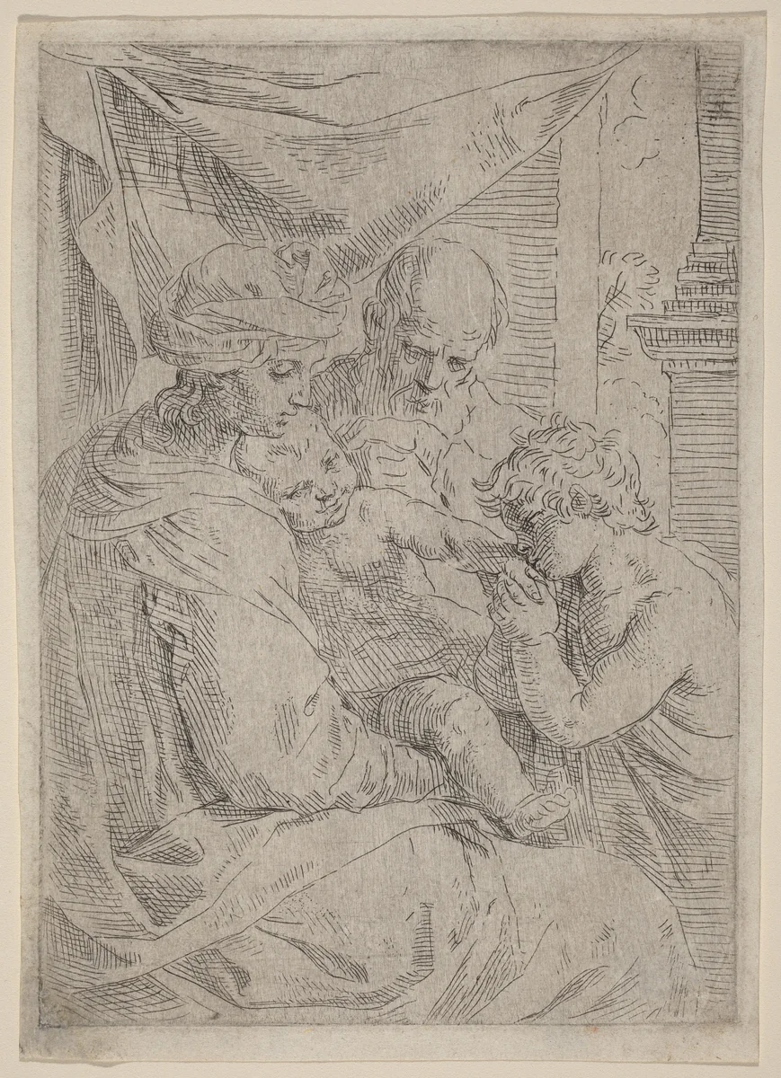The Virgin and Child with Saint John by Simone Cantarini, print, 1612-1648