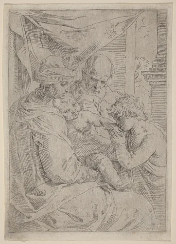 The Virgin and Child with Saint John by Simone Cantarini, print, 1612-1648