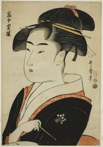 Tomimoto Toyohina, from the series "Famous Beauties of Edo (Edo komei bijin)" by Kitagawa Utamaro (喜多川歌麿), print, 1788-1799