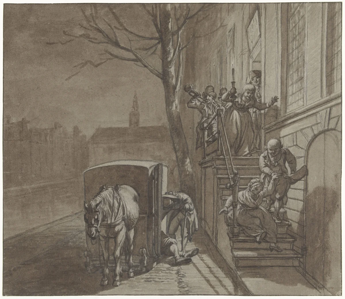 De vrienden vertrekken van het huis van Haazel by Jacob Cats, drawing, 1751-1799