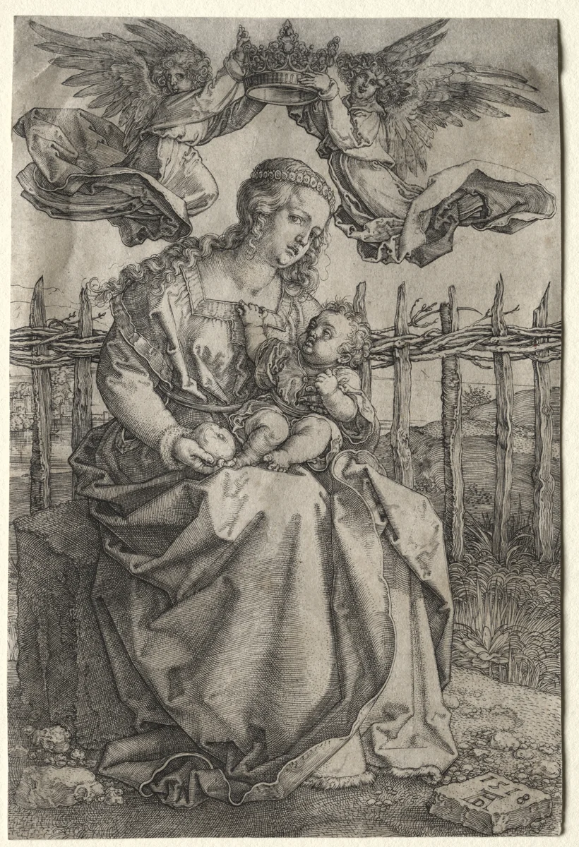 The Virgin Crowned by Two Angels by Albrecht Dürer, print, 1518