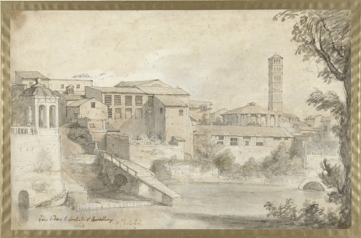 Tibereiland met het klooster van San Bartolommeo by Nicolas Delobel, drawing, 1728