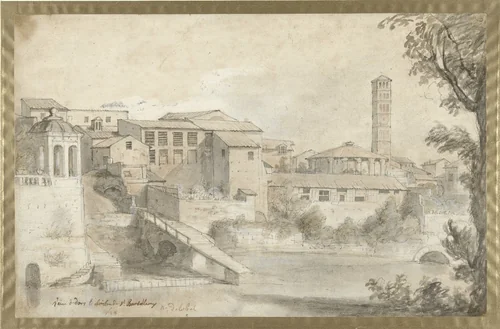 Tibereiland met het klooster van San Bartolommeo by Nicolas Delobel, drawing, 1728