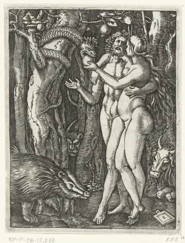 Adam en Eva bij zondeval in paradijs by Unknown, print, 1510-1515