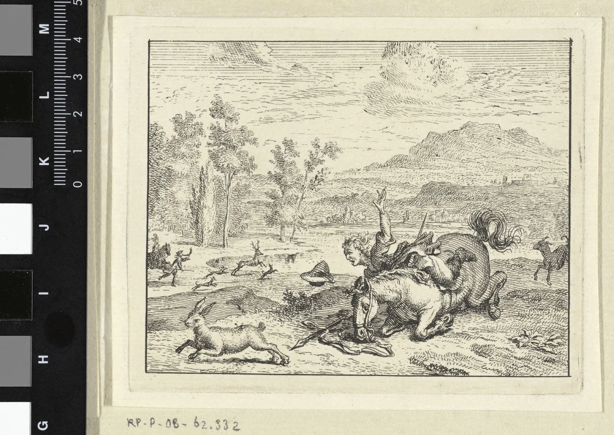 Jager valt van zijn paard by Vincent Laurensz. van der Vinne, print, 1714