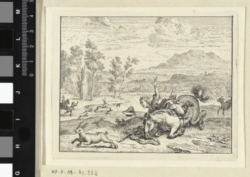 Jager valt van zijn paard by Vincent Laurensz. van der Vinne, print, 1714