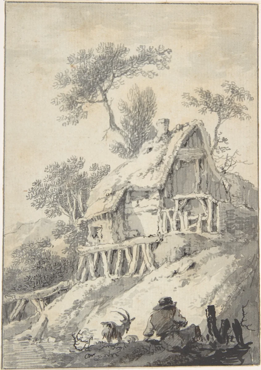 Thatched Cottage by a Brook by anonymous, drawing, 1700-1800
