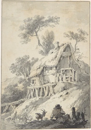 Thatched Cottage by a Brook by anonymous, drawing, 1700-1800