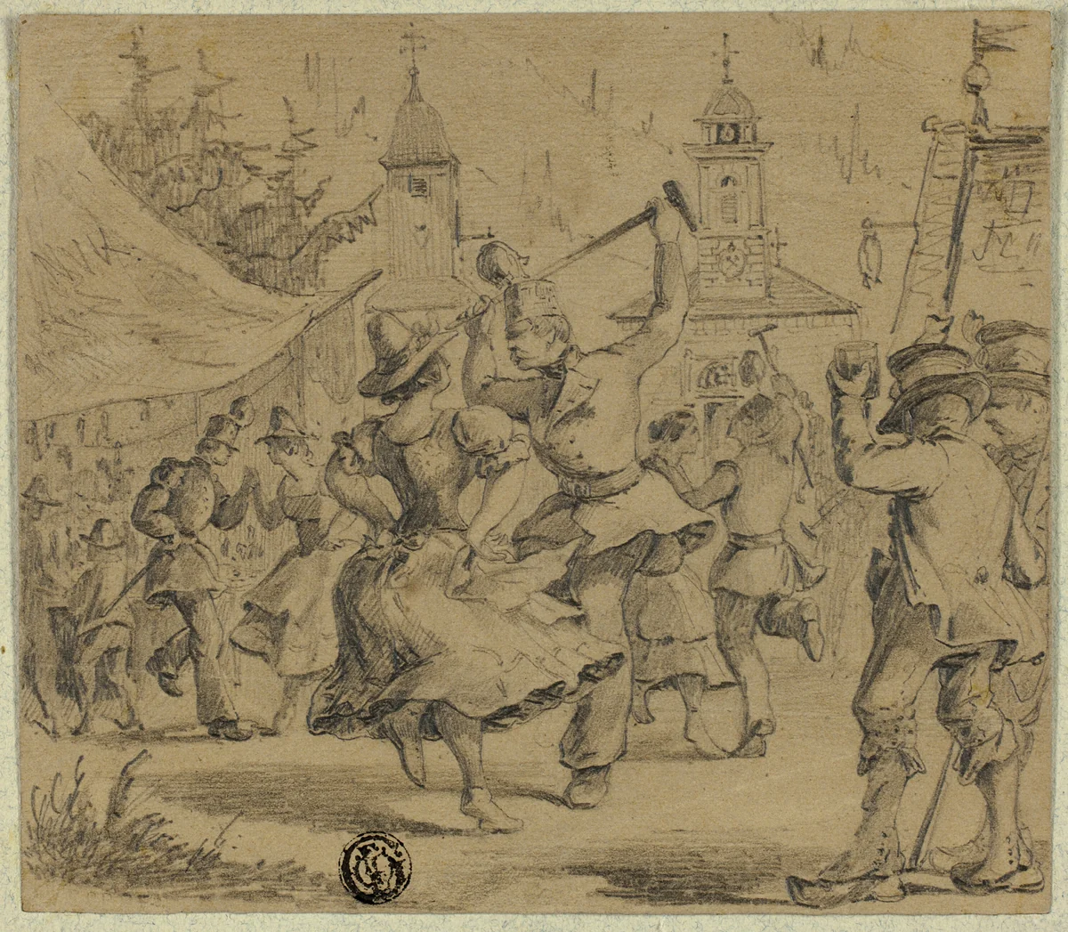 Women and Soldiers Dancing in Village Square by Unknown Artist, drawing, 1800-1899