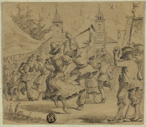 Women and Soldiers Dancing in Village Square by Unknown Artist, drawing, 1800-1899