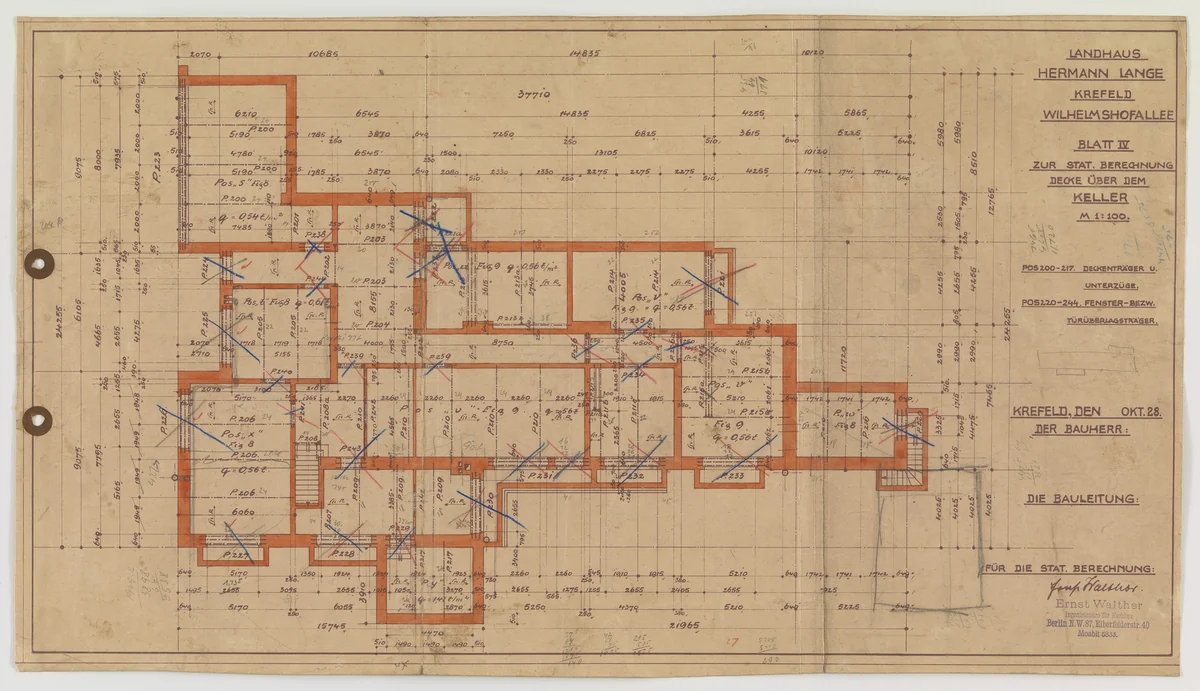 Hermann Lange House, Krefeld, Germany (Plan. Ceiling over basement. Shop drawing.) by Ludwig Mies van der Rohe, mies van der rohe archive, 1927