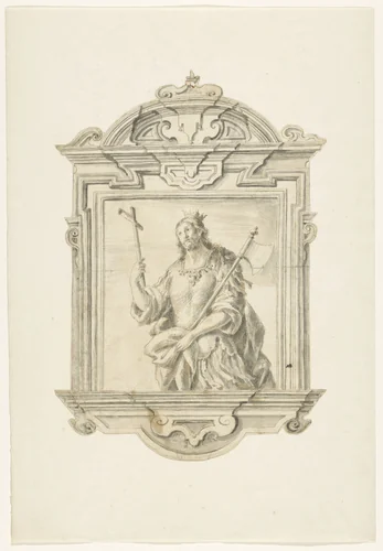 Barokke lijst met voorstelling van een martelaar in kniestuk, met een kruis en bijl in de hand by anonymous, drawing, 1600-1699