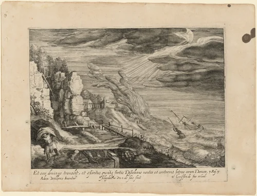 Seashore with HIgh Seas, a Ship, and the Prophet Elijah [God Helping the Israelites Fight the Moabites] by Magdalena van de Passe, print, 1620-1630