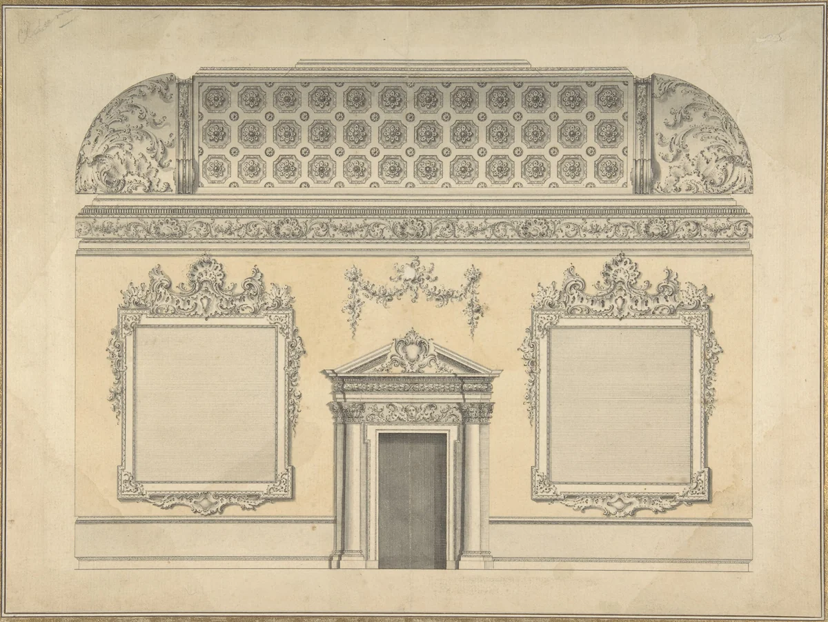 Design for Section of a Rococo Room, with a Coved Ceiling and Ornamented Corinthian Doorway by Thomas Lightoler, drawing, 1745-1755