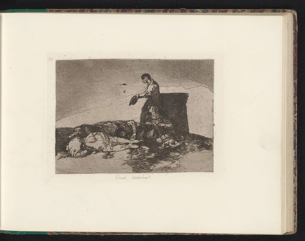 Vrouw en man bij lichamen van gevallenen by Francisco de Goya, book, 1810-1820