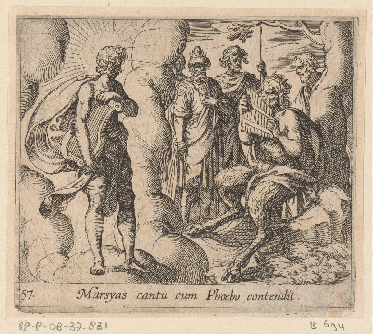 Marsyas speelt op zijn fluit voor Apollo by Antonio Tempesta, print, 1606