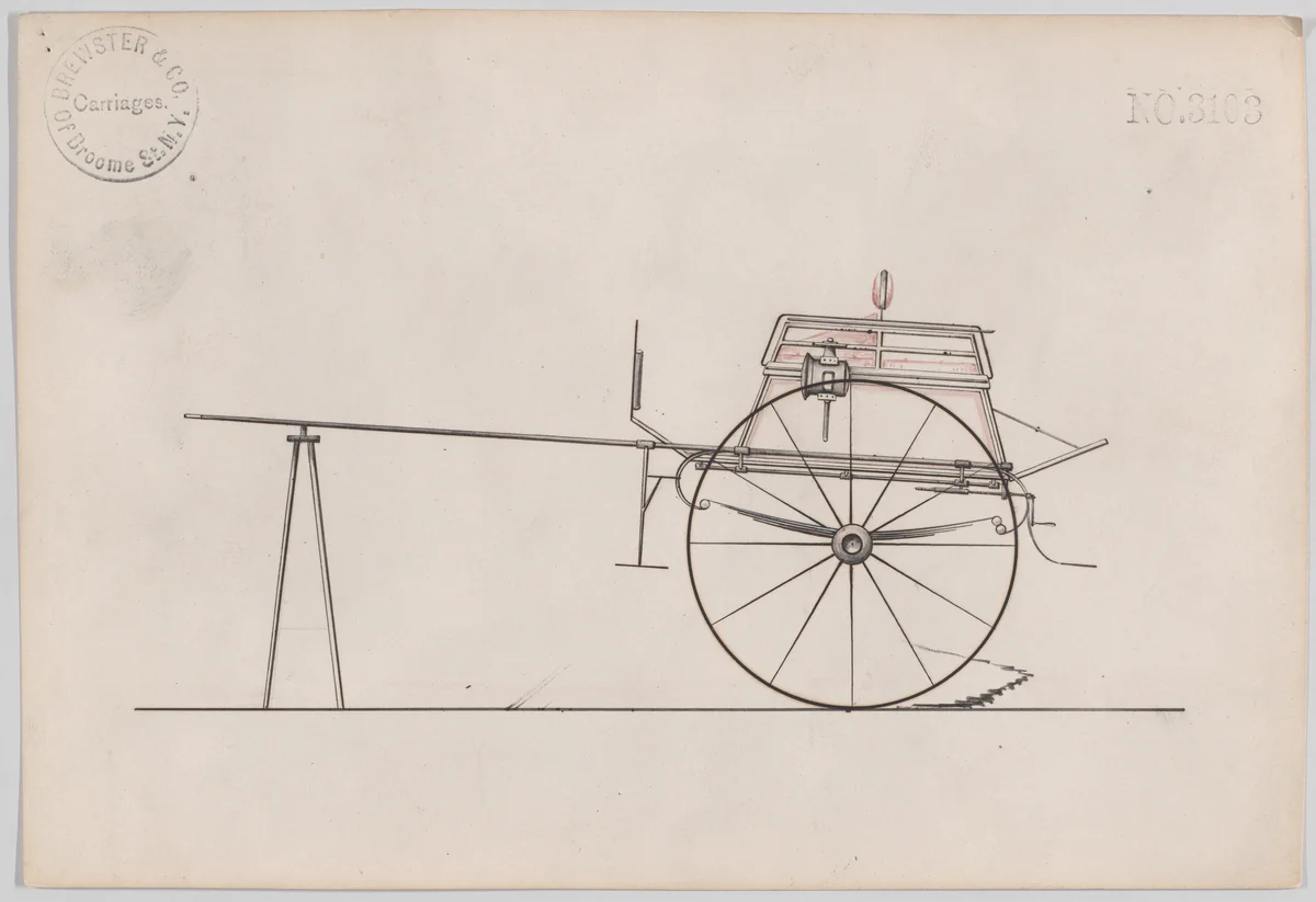Design for Dog Cart or 2 Wheeler, no. 3103 by Brewster & Co., drawing, 1875