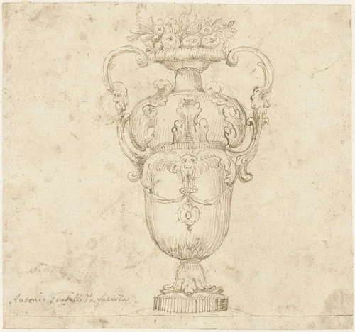 Ontwerp voor een siervaas met vruchten by Antonio Gentile, drawing, 1529-1609