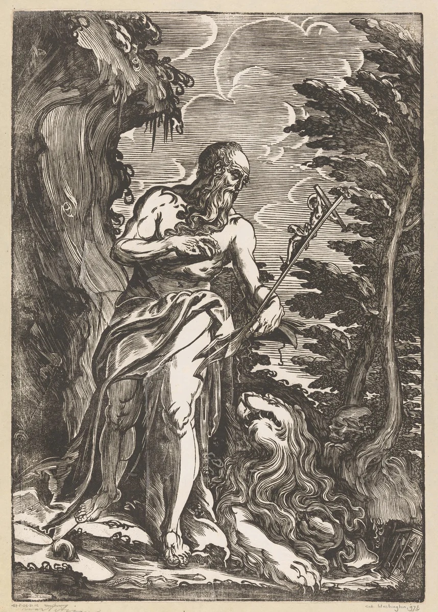 Heilige Hieronymus in de wildernis by Giuseppe Scolari, print, 1550-1600